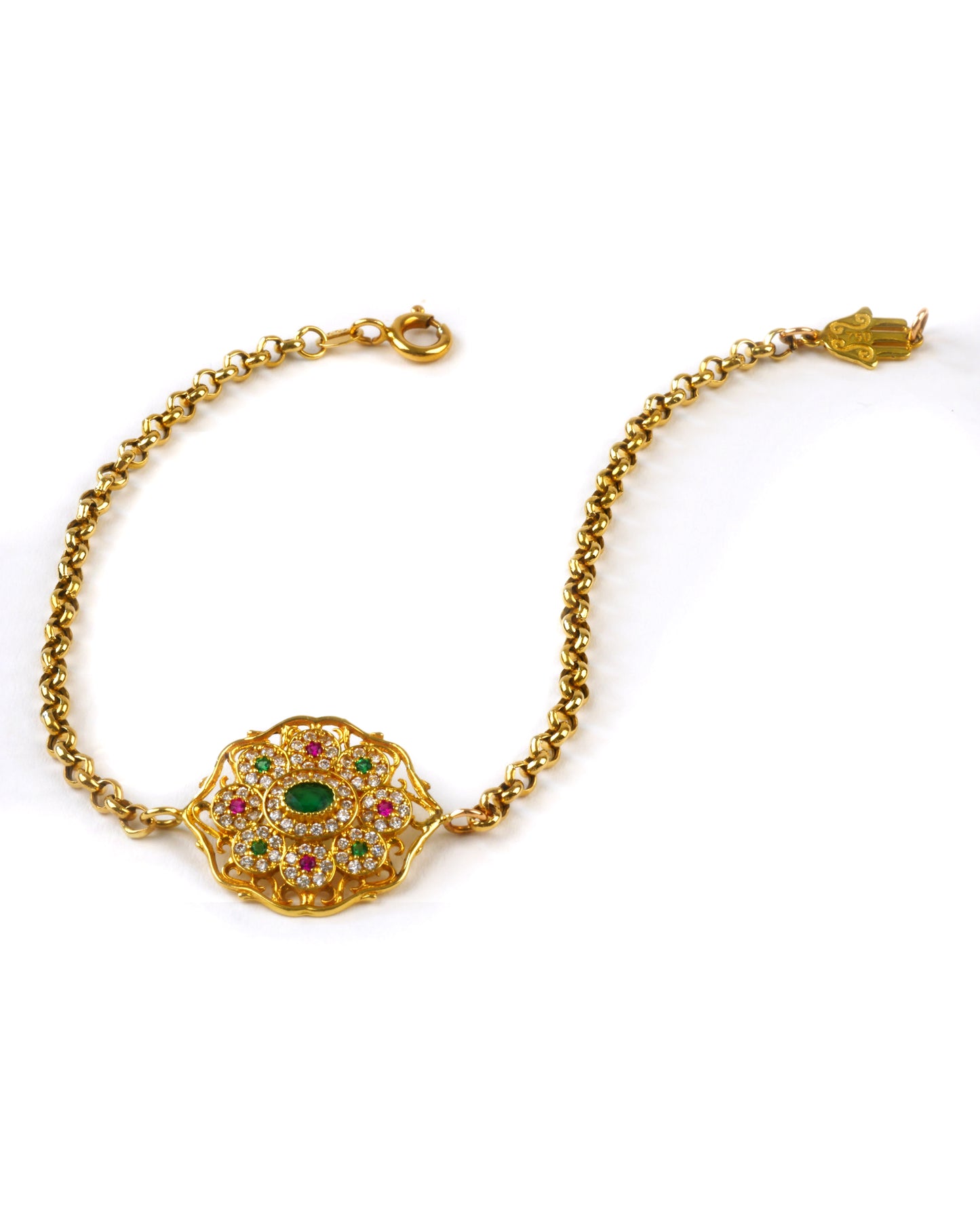 18K Yellow Gold Mixed Stone, Floral Medina Charm Bracelet